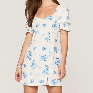 NWT Francesca's Bianca Linen Blue and Cream Floral Puff Sleeve Mini Dress Medium